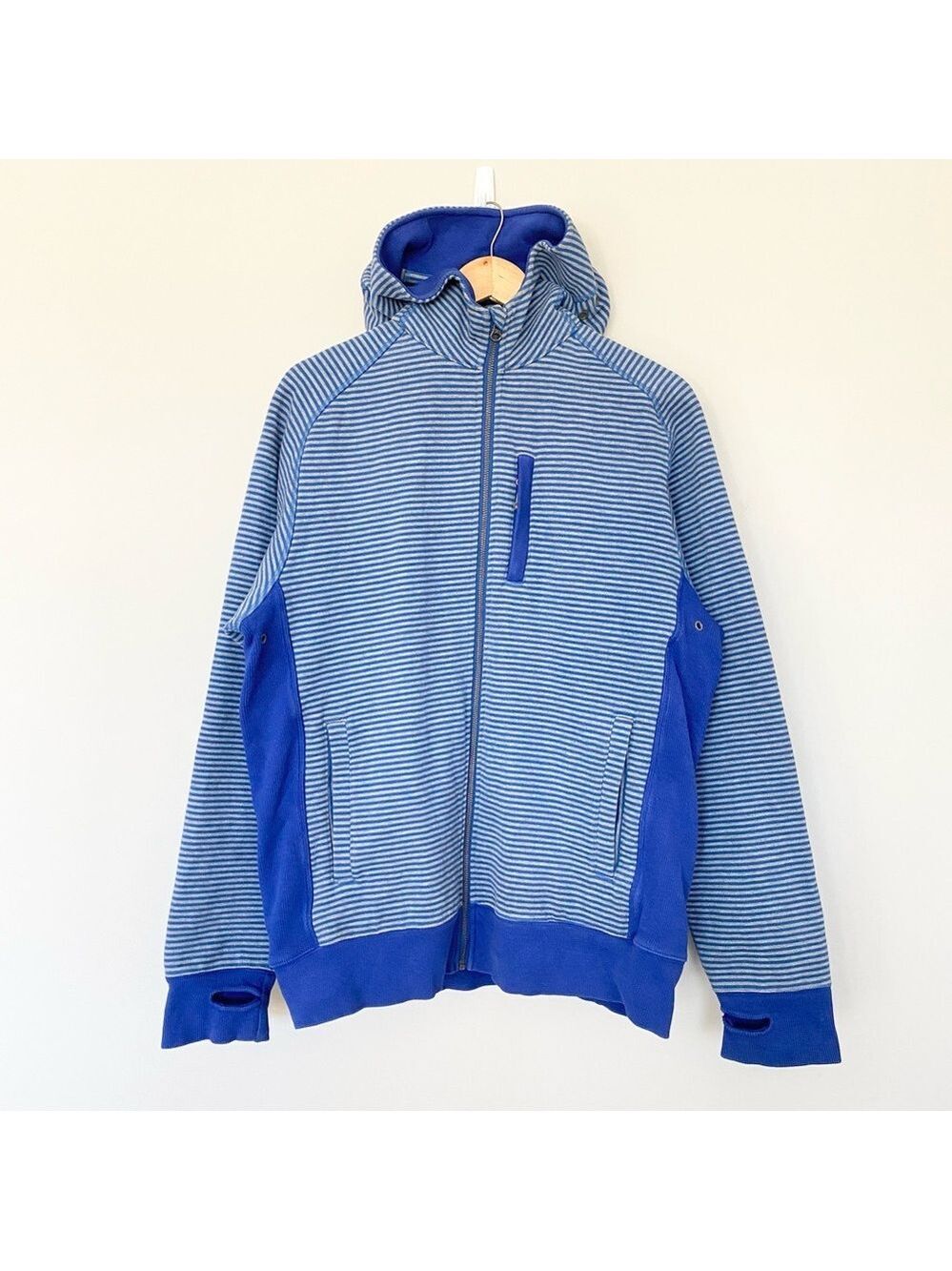 Lululemon Mens Striped Blue/Grey Heavy Full Zip Hoodie Thumbholes Size L
